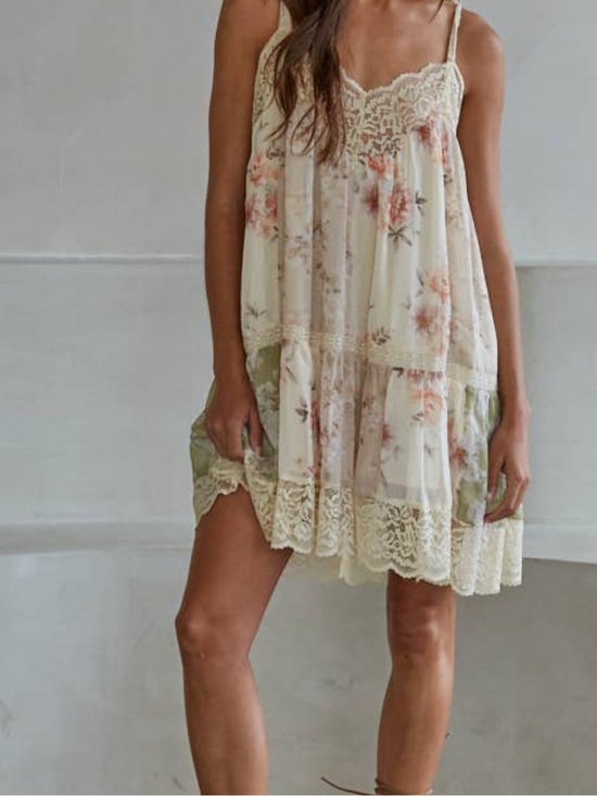 By Together Dresses & Skirts - By Together Cream Floral Chiffon Lace-Trim Womans  Mini Dress Size M